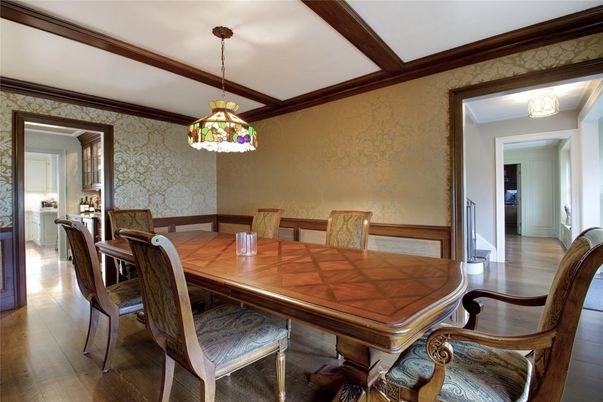 Dining room, Interior, Pendant Lights, Wood Texture Flooring