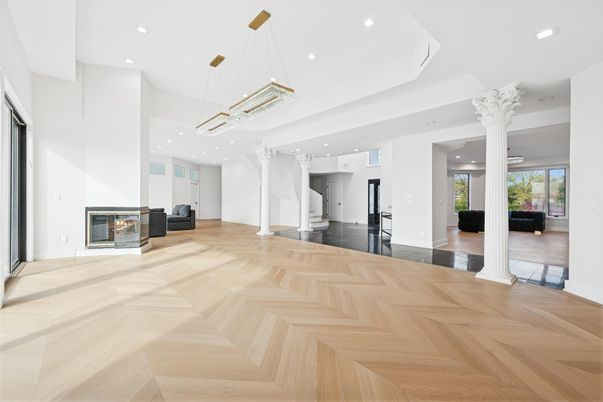 Empty room, Fireplace, Interior, Pendant Lights, Recessed Lighting, Wood Texture Flooring