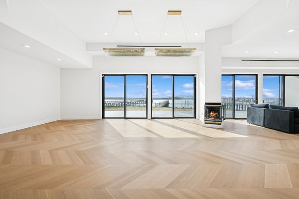 Empty room, Fireplace, Interior, Pendant Lights, Recessed Lighting, Wood Texture Flooring