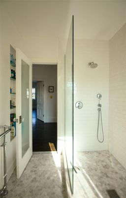 Bathroom, Glass Shower, Interior, Wood Texture Flooring