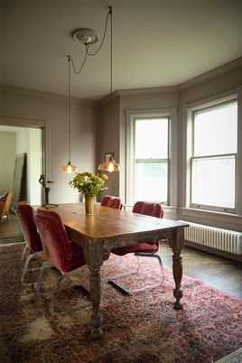 Dining room, Interior, Pendant Lights, Wood Texture Flooring