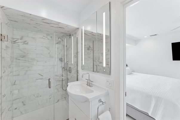 Bathroom, Bedroom, Glass Shower, Interior, Marble Walls, Recessed Lighting