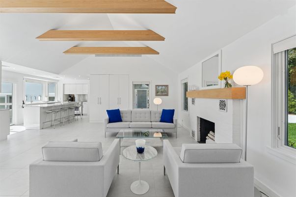 Fireplace, Interior, Kitchen, Living room, Recessed Lighting, Wooden Beams