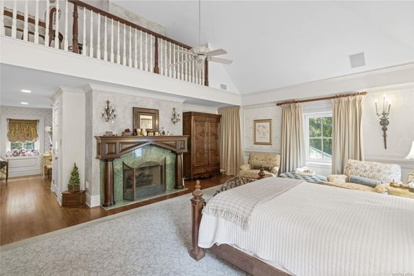 Bedroom, Fireplace, Interior, Recessed Lighting, Wood Texture Flooring