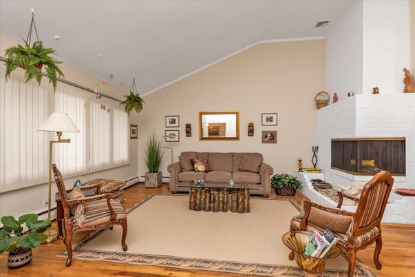 Fireplace, Interior, Living room, Pendant Lights, Wood Texture Flooring