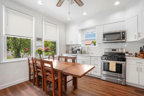 Dining room, Interior, Kitchen, Recessed Lighting, Stainless Steel Appliances, Wood Texture Flooring