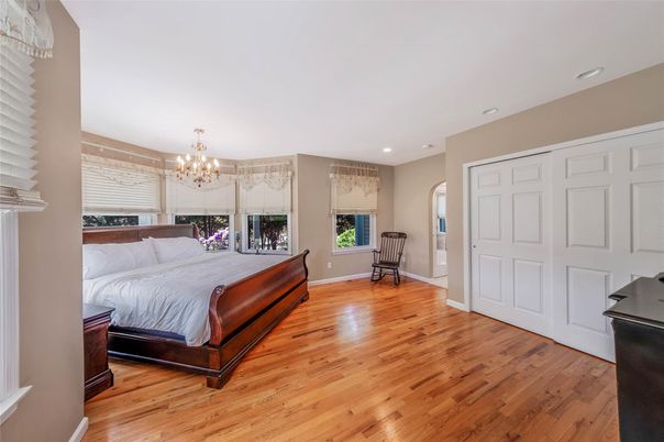 Bedroom, Chandelier, Interior, Recessed Lighting, Wood Texture Flooring