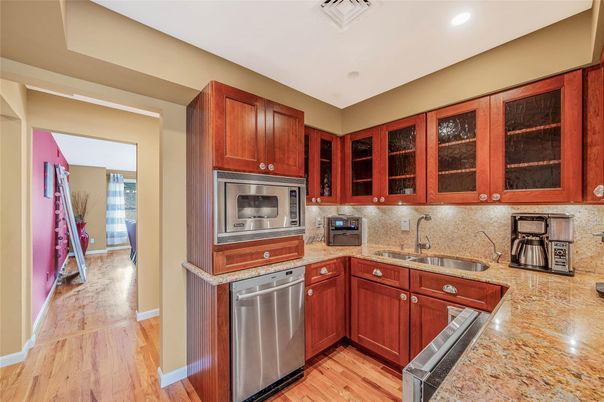 Interior, Kitchen, Recessed Lighting, Stainless Steel Appliances, Wood Texture Flooring