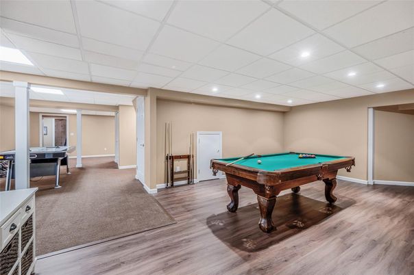 Billiard Table, Game Room, Interior, Recessed Lighting, Wood Texture Flooring
