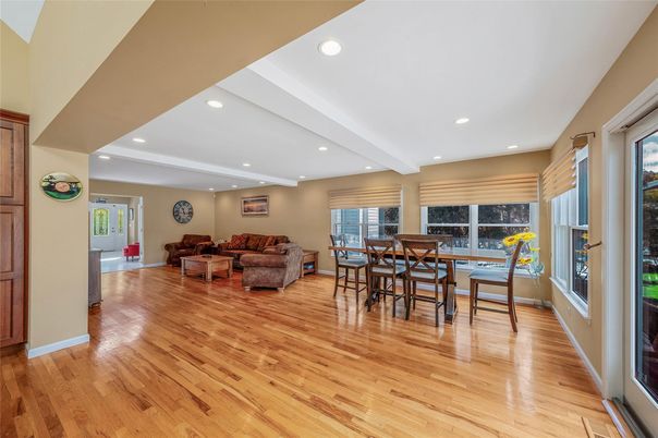 Dining room, Interior, Living room, Recessed Lighting, Wood Texture Flooring