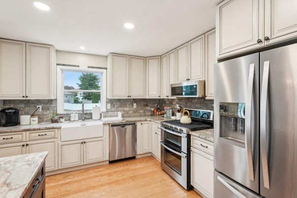 Interior, Kitchen, Recessed Lighting, Stainless Steel Appliances, Wood Texture Flooring
