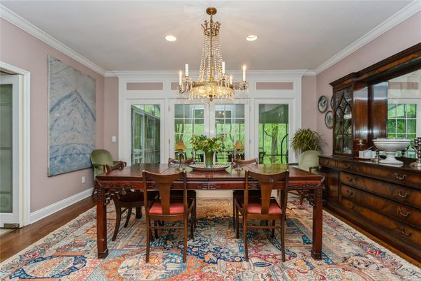 Chandelier, Dining room, Interior, Recessed Lighting, Wood Texture Flooring