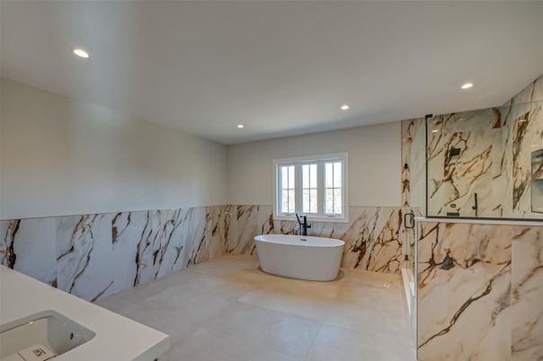 Bathroom, Free Standing Baths, Interior, Marble Walls, Recessed Lighting