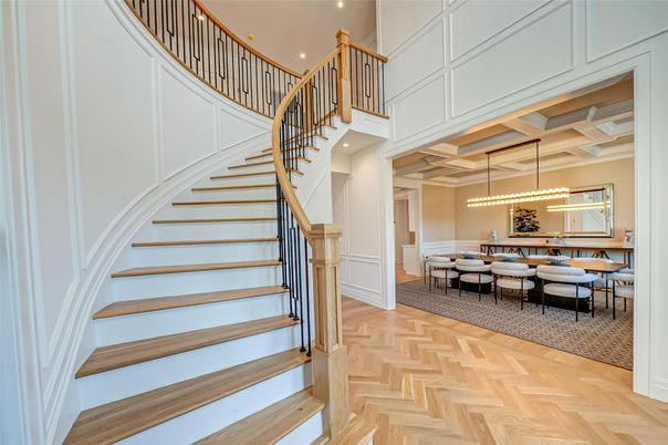 Chandelier, Dining room, Interior, Pendant Lights, Recessed Lighting, Wood Texture Flooring