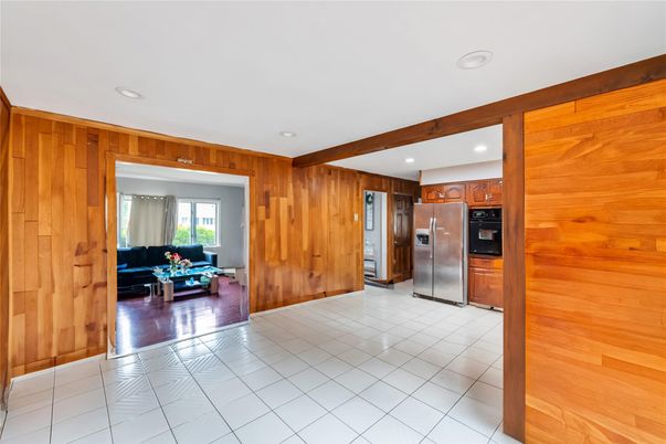 Interior, Kitchen, Living room, Recessed Lighting, Stainless Steel Appliances, Wooden Beams, Wooden Walls