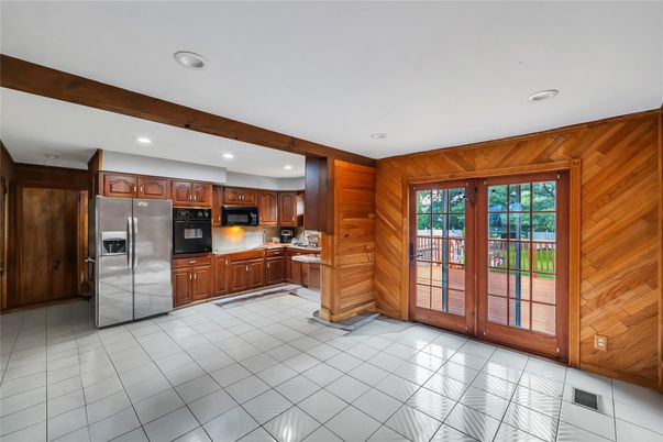 Interior, Kitchen, Recessed Lighting, Stainless Steel Appliances, Wooden Walls