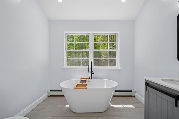 Bathroom, Free Standing Baths, Interior, Recessed Lighting, Wood Texture Flooring