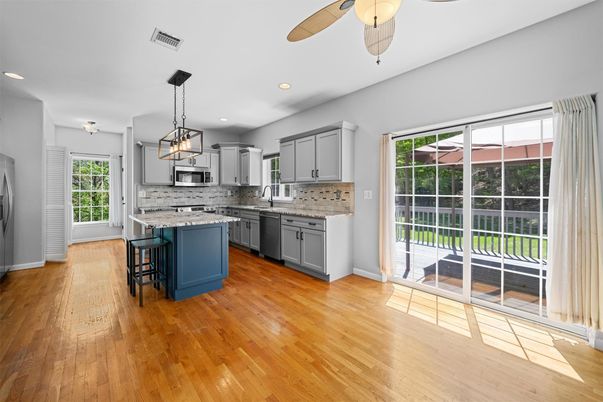 Interior, Kitchen, Pendant Lights, Recessed Lighting, Wood Texture Flooring