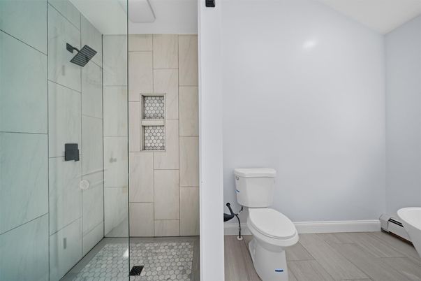 Bathroom, Glass Shower, Interior, Wood Texture Flooring