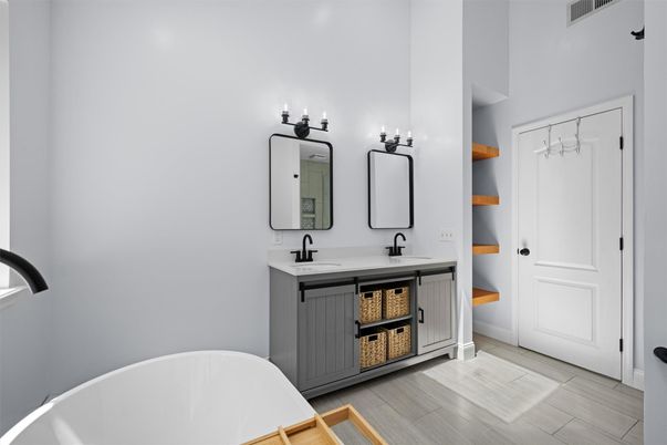 Bathroom, Dual Sink Vanities, Free Standing Baths, Interior, Wood Texture Flooring
