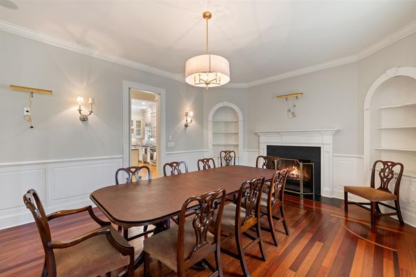 Dining room, Fireplace, Interior, Wood Texture Flooring