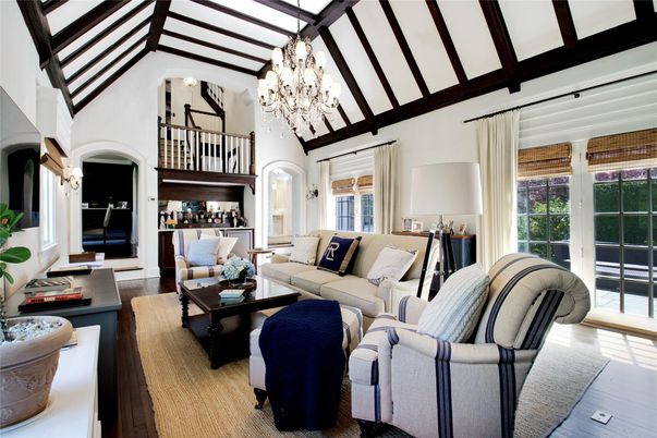 Chandelier, Interior, Living room, Wooden Beams, Wood Texture Flooring