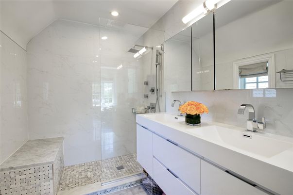 Bathroom, Dual Sink Vanities, Glass Shower, Interior, Marble Walls, Recessed Lighting