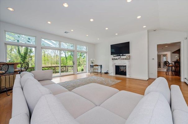 Fireplace, Interior, Living room, Recessed Lighting, Wood Texture Flooring