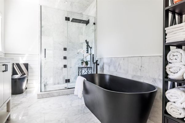 Bathroom, Free Standing Baths, Glass Shower, Interior, Marble, Marble Walls