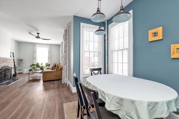 Dining room, Fireplace, Interior, Living room, Pendant Lights, Wood Texture Flooring