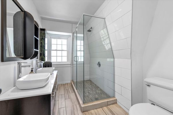 Bathroom, Glass Shower, Interior, Wood Texture Flooring