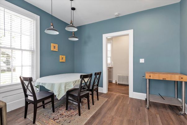 Dining room, Interior, Pendant Lights, Wood Texture Flooring
