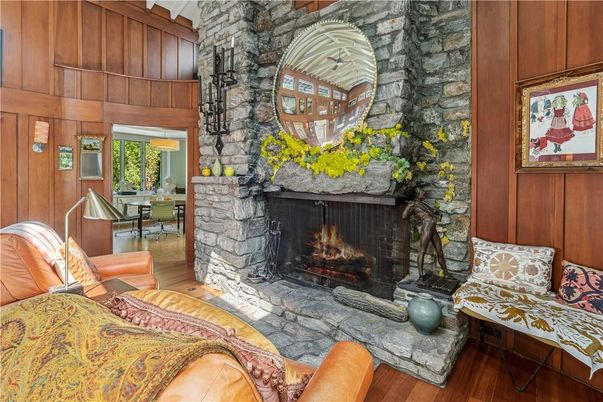 Dining room, Fireplace, Interior, Living room, Stone Walls, Wood Texture Flooring, Wooden Walls