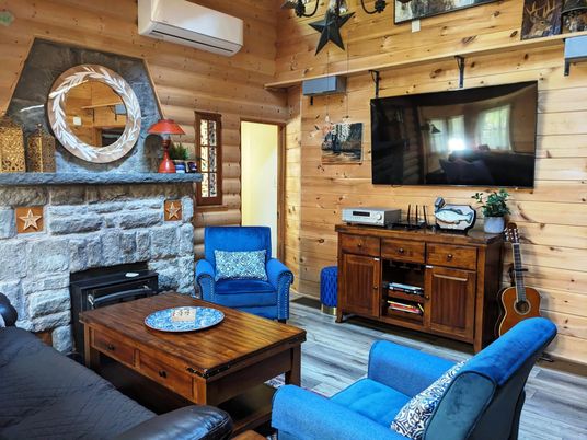 Fireplace, Interior, Living room, Stone Walls, Wood Texture Flooring, Wooden Walls