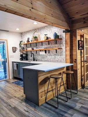 Interior, Kitchen, Recessed Lighting, Wooden Ceilings, Wood Texture Flooring, Wooden Walls