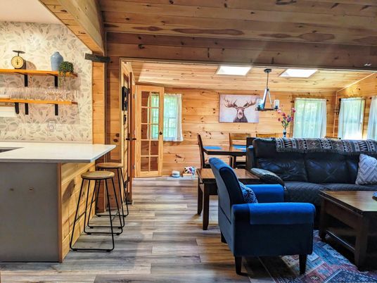 Dining room, Interior, Living room, Pendant Lights, Wooden Beams, Wooden Ceilings, Wood Texture Flooring, Wooden Walls