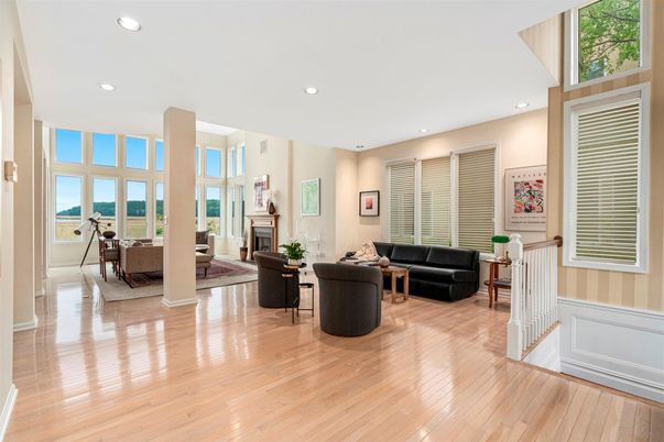 Fireplace, Interior, Living room, Recessed Lighting, Water, Wood Texture Flooring