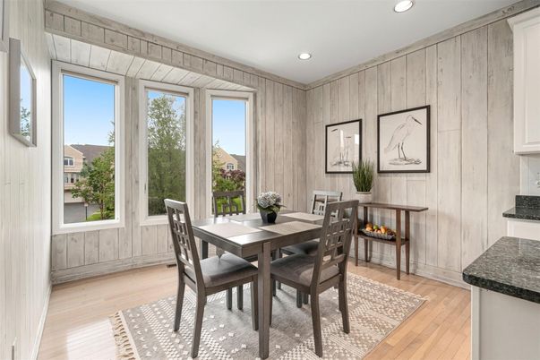 Dining room, Fireplace, Interior, Recessed Lighting, Wood Texture Flooring