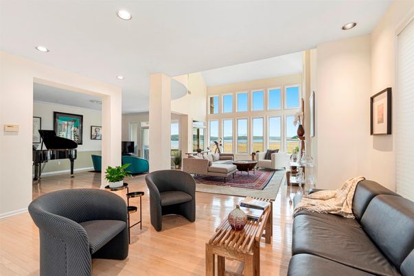 Interior, Living room, Piano, Recessed Lighting, Water, Wood Texture Flooring