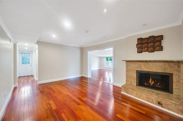 Empty room, Fireplace, Interior, Recessed Lighting, Wood Texture Flooring