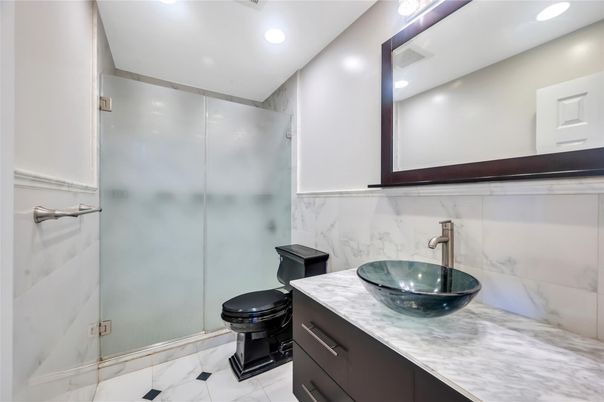 Bathroom, Glass Shower, Interior, Marble, Marble Walls, Recessed Lighting