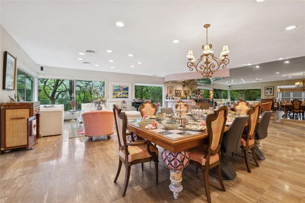Chandelier, Dining room, Interior, Living room, Recessed Lighting, Wood Texture Flooring