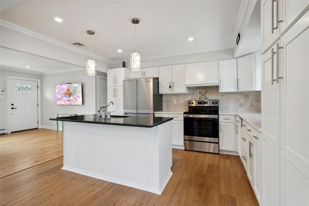 Interior, Kitchen, Pendant Lights, Recessed Lighting, Stainless Steel Appliances, Wood Texture Flooring