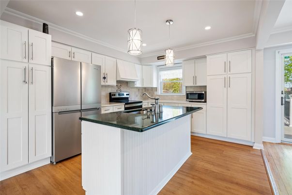 Interior, Kitchen, Pendant Lights, Recessed Lighting, Stainless Steel Appliances, Wood Texture Flooring