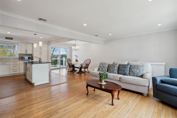 Chandelier, Dining room, Interior, Kitchen, Living room, Pendant Lights, Recessed Lighting, Wood Texture Flooring