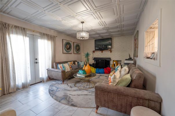 Fireplace, Interior, Living room, Pendant Lights, Stone Walls