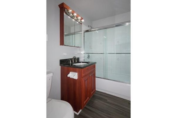 Bathroom, Glass Shower, Interior, Wood Texture Flooring