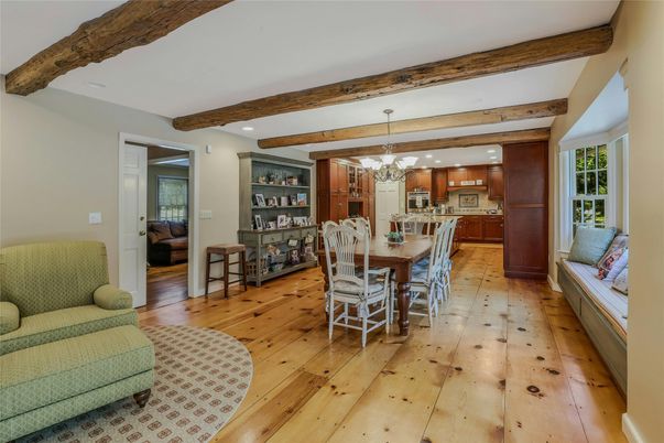 Chandelier, Dining room, Interior, Kitchen, Living room, Recessed Lighting, Wooden Beams, Wood Texture Flooring