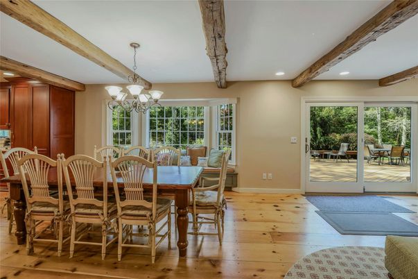 Chandelier, Dining room, Interior, Recessed Lighting, Wooden Beams, Wood Texture Flooring