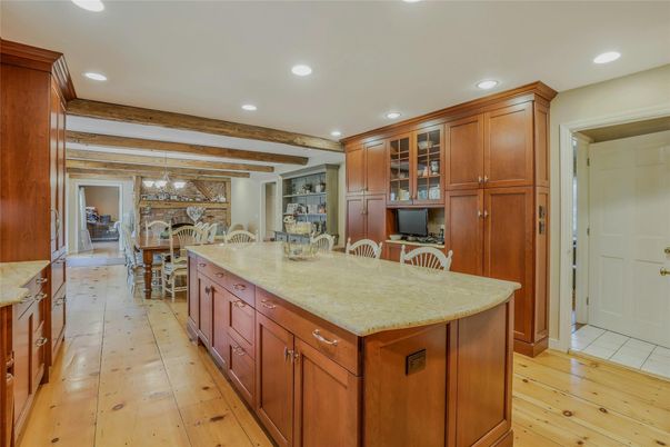 Dining room, Fireplace, Interior, Kitchen, Pendant Lights, Recessed Lighting, Stone Walls, Wooden Beams